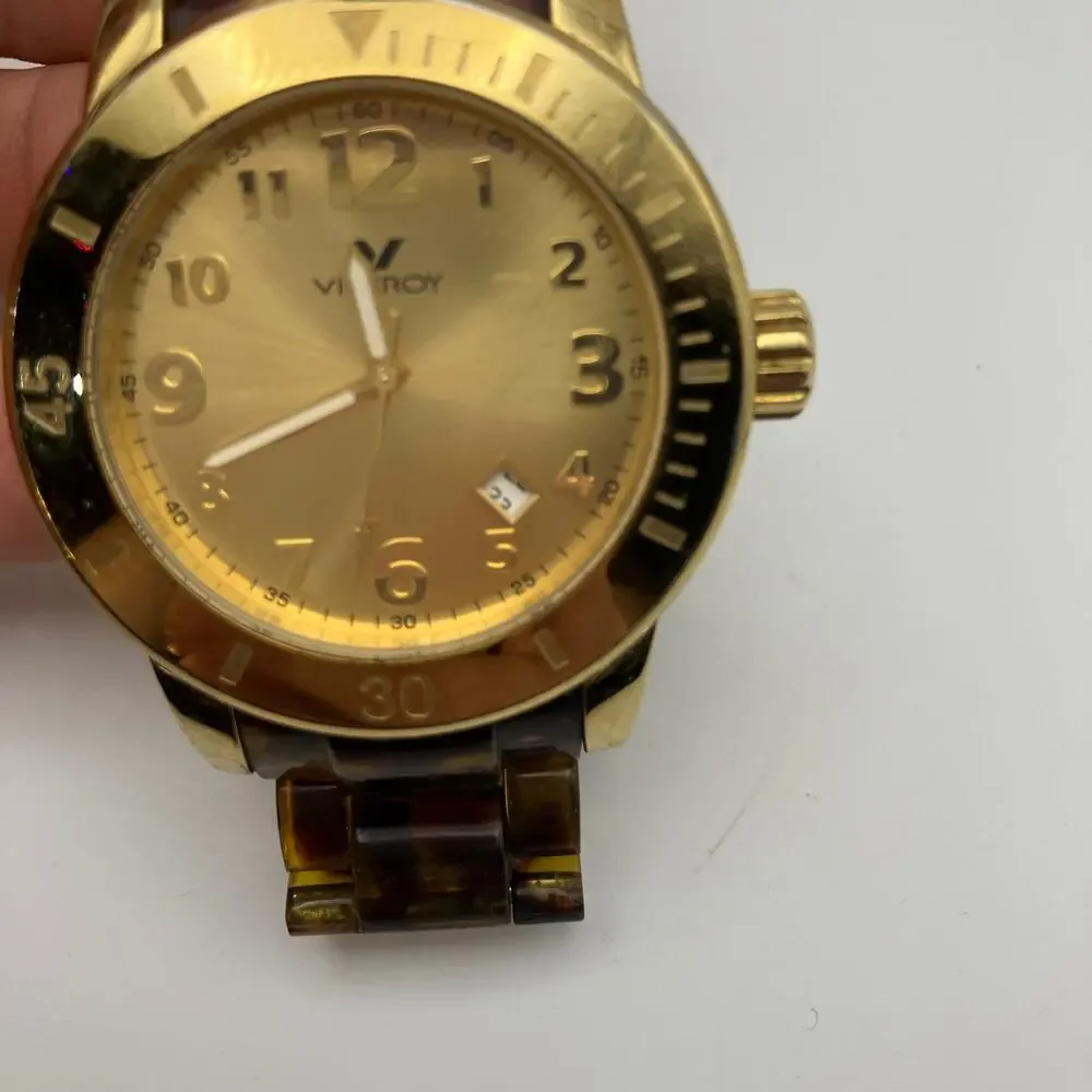 Viceroy Quartz Watch Gold Tone Tortoise Shell Band 30M Water Resistant Date Dial